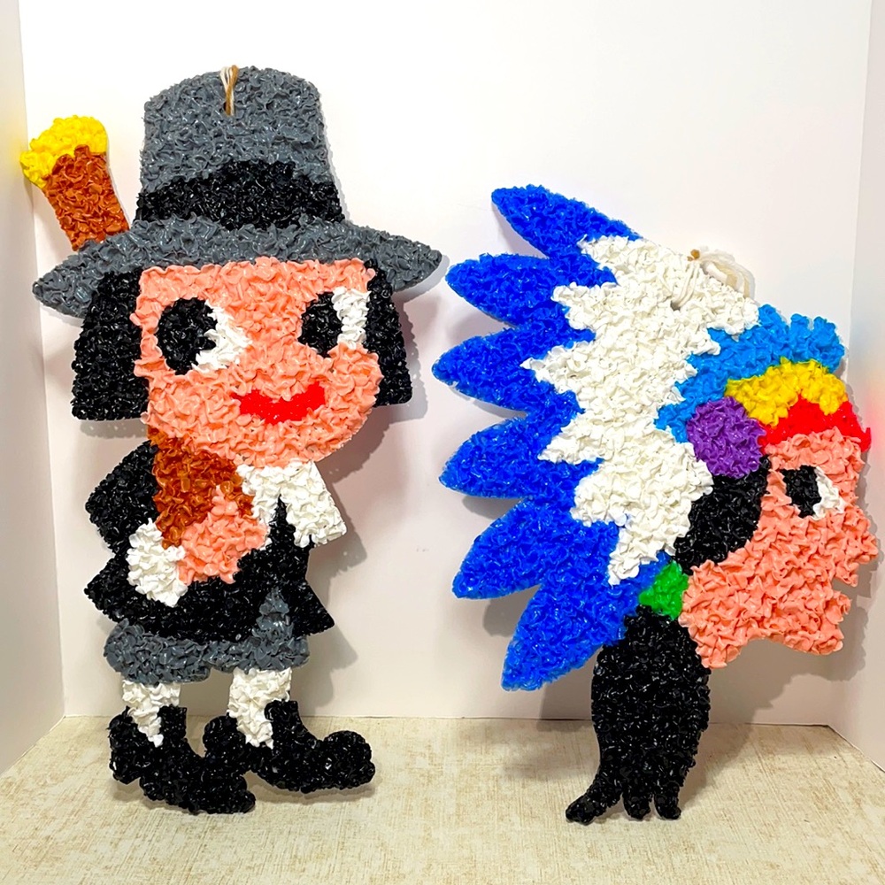 Vintage Melted Plastic Popcorn Thanksgiving Decor (Pilgrim & Indian)
